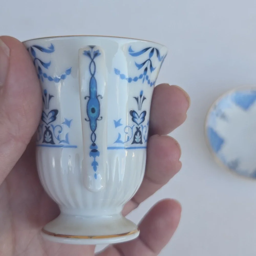 Vintage Avon Teacup and Saucer Set 1984 Blue White Gold Trim Cottagecore Dainty